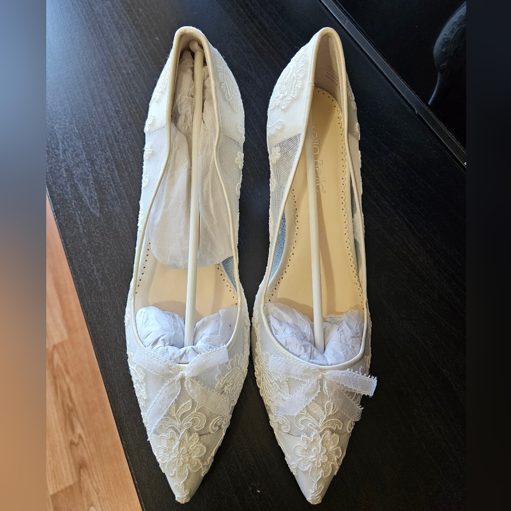 Bella Belle wedding heels Monica floral lace embroidered ivory bridal kitten
